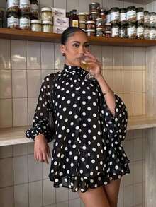 Aloruh Elegantes Damen-Minikleid im Puppenstil mit schwarz-weißem Polka-Dot-Muster, Regenschirm-Design, vielseitig für den täglichen Arbeitsweg, Teegesellschaft und Schulanfang, Herbstrock - Schwarz und Weiss - Übersicht 1