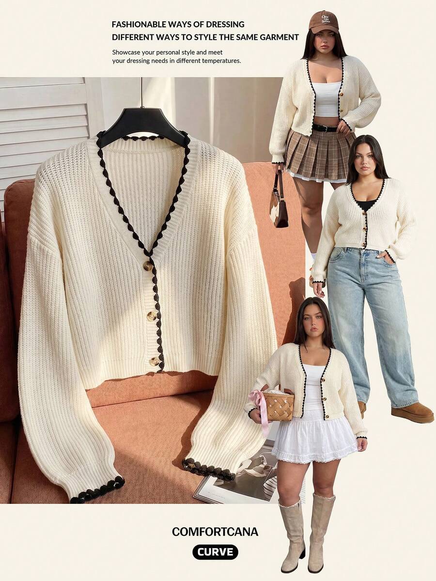 CovetEZ Plus Size Autumn/Winter Casual Color Block Trim Sweater - Khaki - View 1