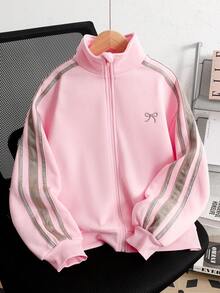 SHEIN 青少年女孩側條紋蝴蝶結刺繡圖案休閒極簡時尚運動夾克 秋冬款 - 淺粉色 - 查看 1