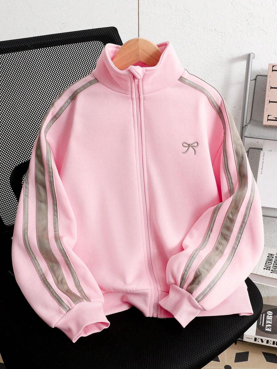 SHEIN 青少年女孩側條紋蝴蝶結刺繡圖案休閒極簡時尚運動夾克 秋冬款 - 淺粉色 - 查看 1
