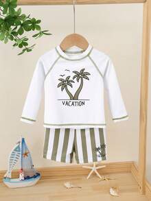 SHEIN 2pcs Baby Boy Summer Casual Vacation Swimwear Set, Includes Swimsuit Top And Striped Swim Trunks/Shorts, Suitable For Beach, Pool, Spa - Multicolor - View 4