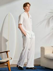 VeloEdit Men's Minimalist Printed Short Sleeve Shirt And Pants SetFall Winter - White - View 4