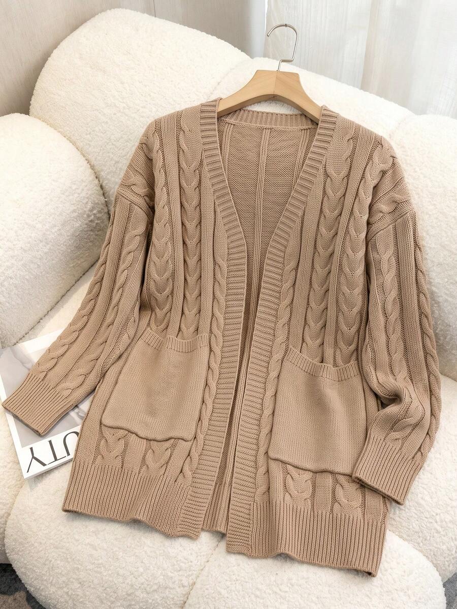 GlowEve CURVE Autumn/Winter Plus Size Loose Ribbed Long Sleeve Cardigan Solid Color Cable Knit Pocket Casual Cardigan - Khaki - View 1