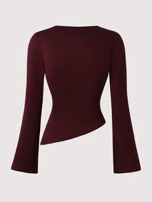 Teen Girl Solid Color Bell Sleeve Asymmetric Hem Ruched T-Shirt - Burgundy - View 2