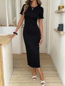 SHEIN LUNE Women's Fitted 95 Cotton Mid-Length Dress, Black Brunch Everyday Summer Casual - Black - View 2