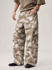 Vaulklash Men Fashionable Multi-Pocket Rivet Design Casual Loose Camo Baggy Wide Leg Jeans - Army Green - View 6