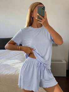 Livesso 夏季舒適純色極簡針織波浪下擺女款居家服睡衣套裝 - 藍色 - 查看 4