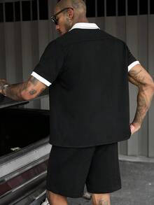 SLATEMANN 男士夏季休閒拼色襯衫與短褲兩件套 - 黑色 - 查看 2
