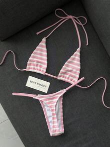 Swim SXY 女款度假風紋理拼接配色掛脖綁帶性感比基尼兩件式泳衣套裝 - 彩色 - 查看 5