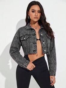 SHEIN Essnce 女款單排扣休閒百搭日常牛仔夾克 - 深灰色 - 查看 5