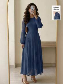 Veilorie 3/4 Sleeve High Neck Ruched Waist Elegant Versatile Dress - Navy Blue - View 1
