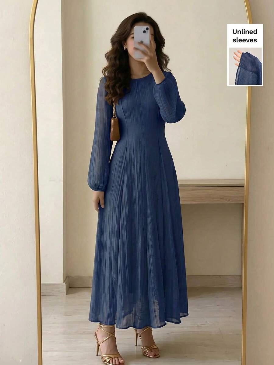 Veilorie 3/4 Sleeve High Neck Ruched Waist Elegant Versatile Dress - Navy Blue - View 1