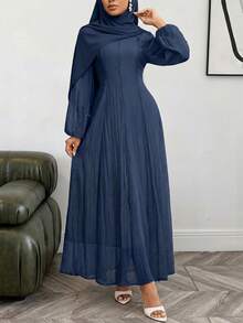 Veilorie 3/4 Sleeve High Neck Ruched Waist Elegant Versatile Dress - Navy Blue - View 3