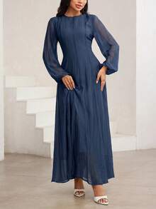 Veilorie 3/4 Sleeve High Neck Ruched Waist Elegant Versatile Dress - Navy Blue - View 8