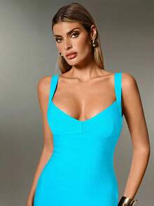 Nuvra Sexy Black Knit Spaghetti Strap Sleeveless Mini Dress, Fitted Cocktail Party Holiday Dress For Women - Blue - View 5