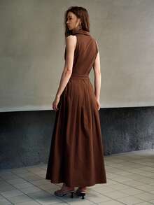 MOTF PREMIUM WOMEN'S AUTUMN SLEEVELESS DOUBLE BELT DESIGN PLEATED LONG DRESS - Coffee Brown - View 4