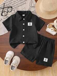 SHEIN Genkimix Kids 小男孩拼接單排扣短袖襯衫與短褲休閒日常兩件套 - 彩色 - 查看 3