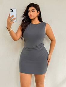 Auralis Plus Size Women's Solid Color Round Neck Ruched Fitted Tank Dress Casual Sexy Elegant Office Mother Of The Bride Wedding Black Summer - Grey - View 7
