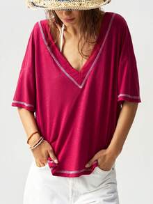 Bohemela Women's Casual Boho Solid Color V-Neck Short Sleeve Loose Regular Fit Knit T-Shirt Beach Pink Sequin Summer - Hot Pink - View 6