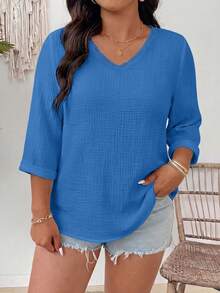 EMERY ROSE Plus Size Versatile Linen Textured V-Neck Floral Blouse - Blue - View 4