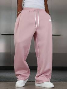 Manfinity EMRG Men's Solid Color Drawstring Waist Pocket Casual Loose Sweatpants, Baggy Grey For Back To School Wide Leg Gym Pants Y2k Oversized - Pink - View 5