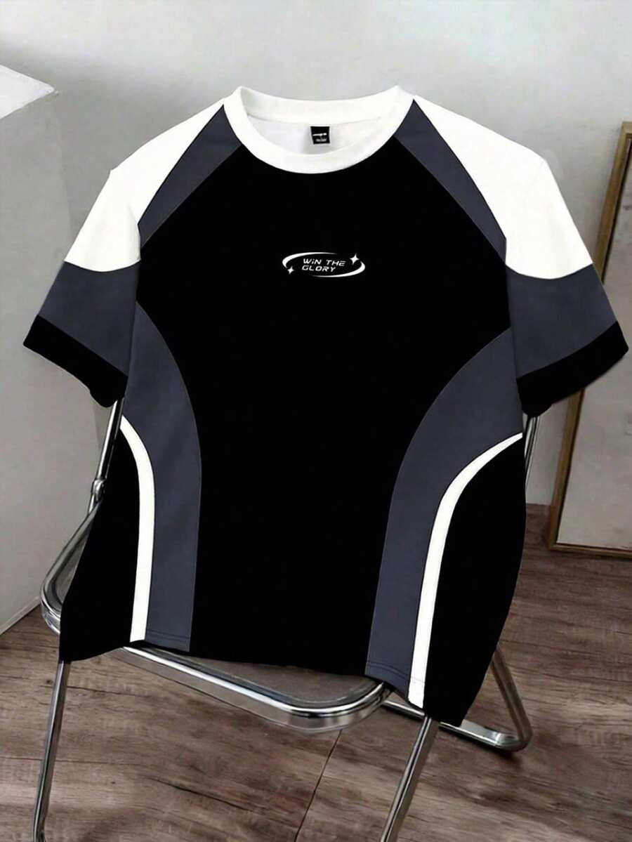 Manfinity Joysei Camiseta casual de hombre con estampado de color contrastante, adecuada para uso al aire en el campus en primavera/verano - Negro - Ver 1
