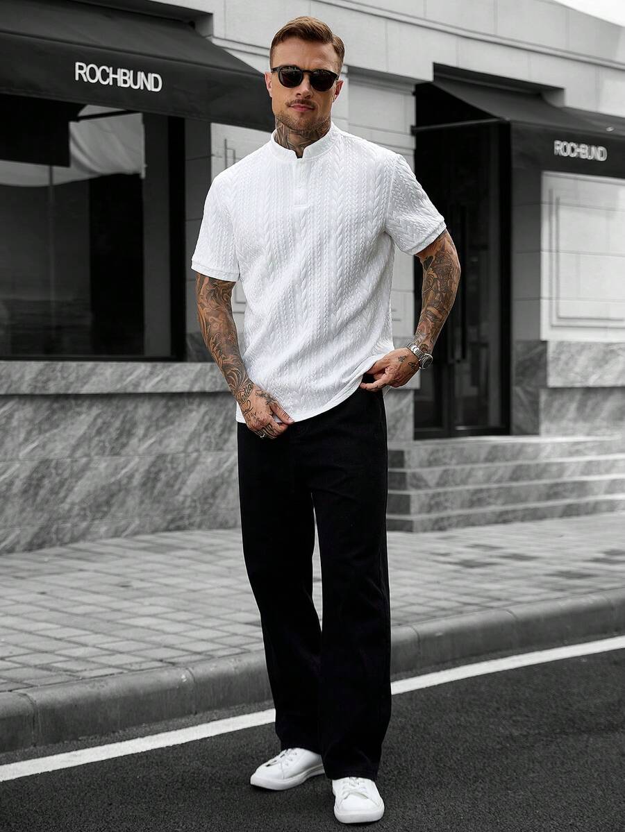 Manfinity CasualCool 男士立領 Polo 衫，針織提花面料，休閒日常穿著，時尚百搭風格 - 白色 - 查看 1
