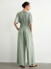 Aalyst Sage Green Linen Relaxed Elegant, Suitable For Workplace Brunch And Daily Wear Crossover Waist Wide Leg Jumpsuit, Luxurious Skin-Friendly Pants Summer - Green - View 3