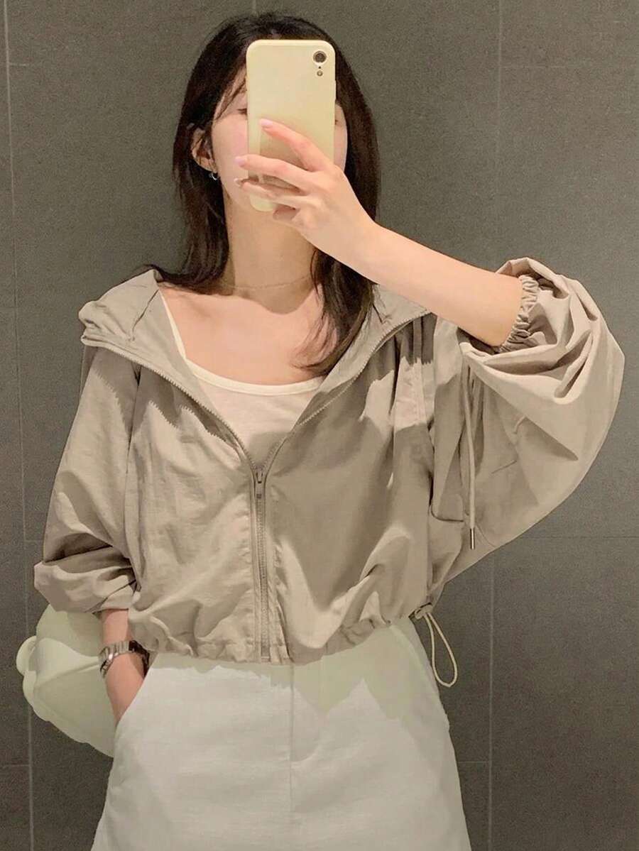 DAZY 休閒連帽輕便短款長袖女款襯衫 秋季 - 杏色 - 查看 1