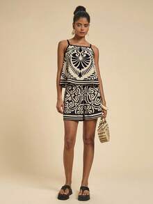 SHEIN PETITE CURVE Plus Size Women's Black White Print 2-Piece Casual Set, Beige, Summer, Boho, Vacation, Holiday, Beach Vacation, Beach Vacation Outfits, Bohemian Style - Black - View 10