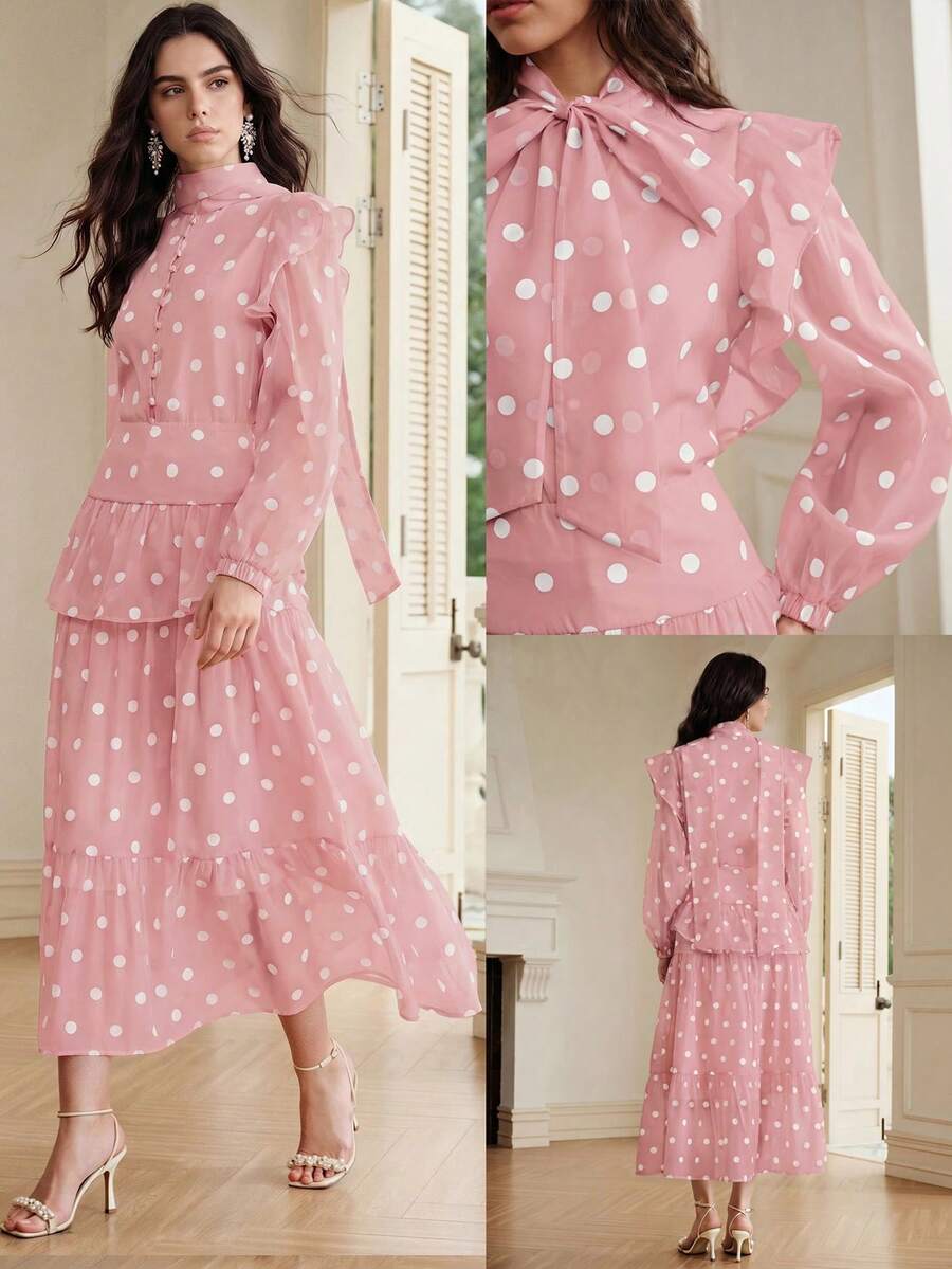 Anewsta Women's Spring/Summer Polka Dot Layered Cap Sleeve 2 Pieces Set, Suitable For Commuting And Weekend Outings - Pink - View 1