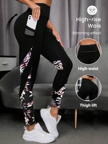 SHEIN Sports Leggings de sport à imprimé floral avec poche latérale pour téléphone, pantalon de yoga pour femmes - Multicolore - Voir 1