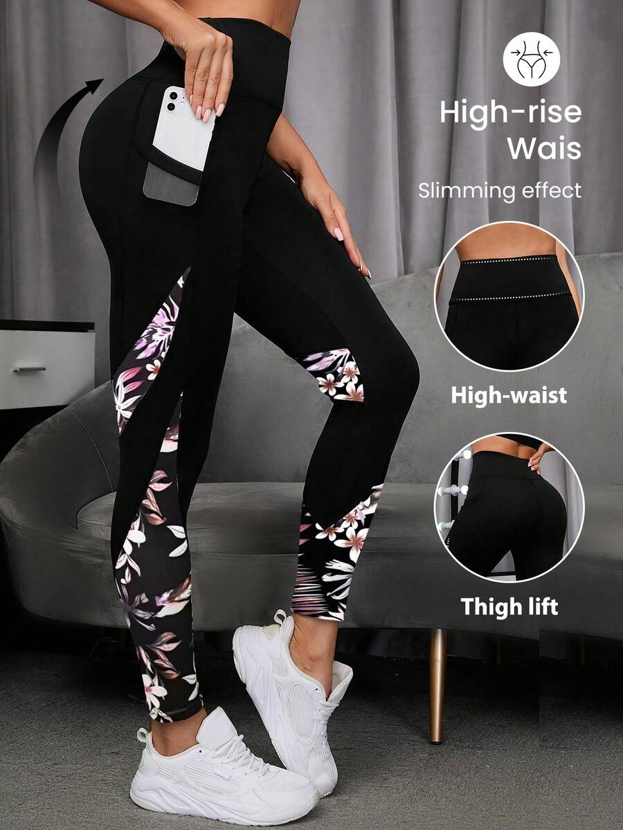 SHEIN Sports Leggings de sport à imprimé floral avec poche latérale pour téléphone, pantalon de yoga pour femmes - Multicolore - Voir 1