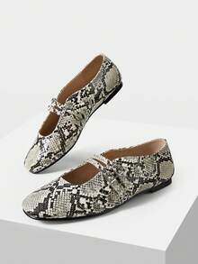 Mnmlis Women's Shoes Spring And Summer Double Buckle With Square Toe Flat Bottom Mary Jane Shoes - Gray snake pattern - View 2