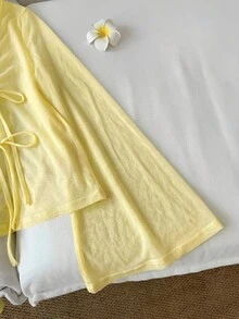SHEIN LUNE 休闲女式透视系带黄色上衣，适合夏季假期、春季女士度假、夏季海滩外出穿着，半透明长袖V领上衣，常规下摆打结细节 - 黃色 - 查看 4