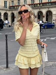 Siren Gaze Women's Solid Color Frill Trim Short Sleeve Top And Ruffle Skort 2-Piece Set - Light Yellow - View 4