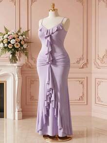 DreamSkyne Elegantes gestricktes Bodycon-Kleid in Taro-Lila Große Größen für Damen mit Rüschen vorne und hinten sowie plissierter, taillierter Taille - Lila - Übersicht 5