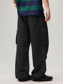 Men Flap Pocket Side Drawstring Waist Oversize Cargo Pants, Fall Wide Leg - Black - View 3