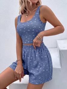 EMERY ROSE 女款全印花上衣與鬆緊腰短褲休閒日常兩件套 - 藏蓝色 - 查看 3