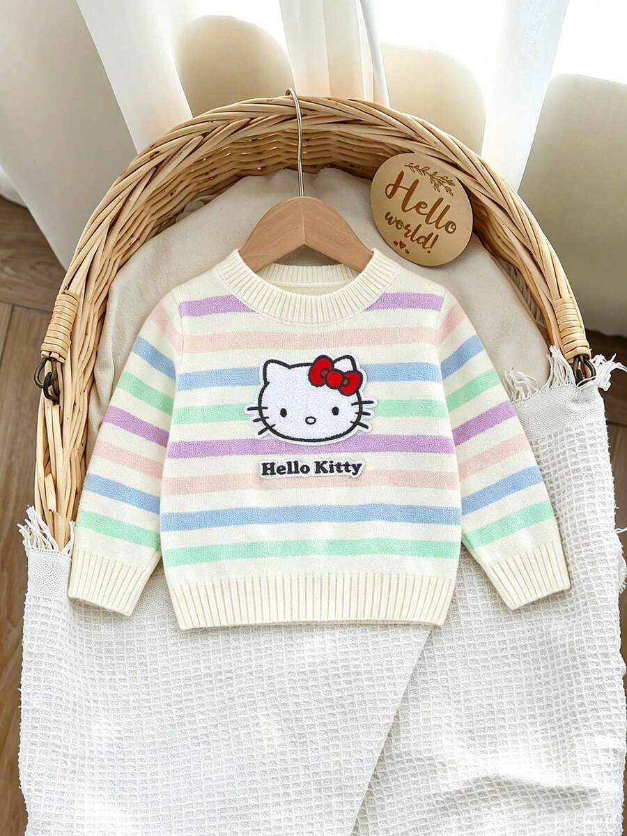HELLO KITTY AND FRIENDS | SHEIN GraphicGems 女嬰圓領 3D 毛巾刺繡彩虹條紋套頭針織毛衣,柔軟舒適全幅提花印花,簡約可愛優雅長袖紅色上衣,適合秋冬旅行、外出、派對、戶外玩耍 - 彩色 - 查看 1
