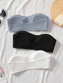 SHEIN Kids Dozemod 青少年女孩簡約加厚防滑抹胸上衣 3件組 聚酯纖維 隨意混搭好打理柔軟套裝 - 淺灰色 - 查看 2