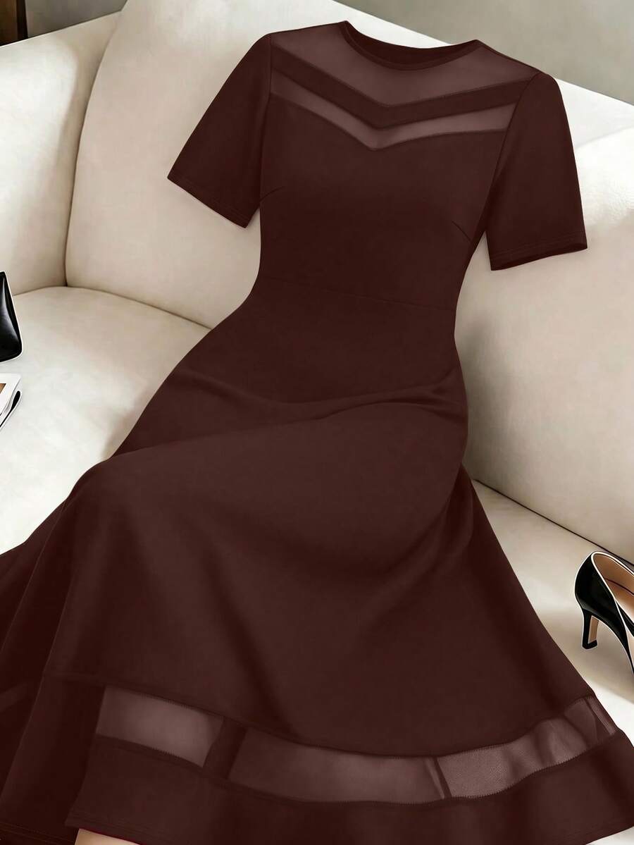 GlowEve CURVE Plus Size Elegant Premium Mesh Patchwork Short Sleeve A-Line Dress For Women - Brown - View 1