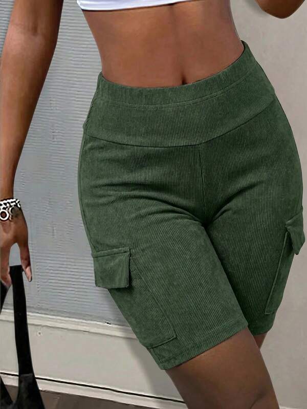 Slaydiva High-Waisted Utility Pocket Decor Cycling Shorts, Military Green, Made Of Faux Snow Flake Fabric, Knee Length Inseam Sports Shorts, Suitable For Summer, Music Festivals, Valentine's Day, Easter, Back To School, Casual, Minimalist, Basic, Streetwear Y2K, Streetwear Sweet Style, Bestselling, Daily Casual Wear Women Shorts