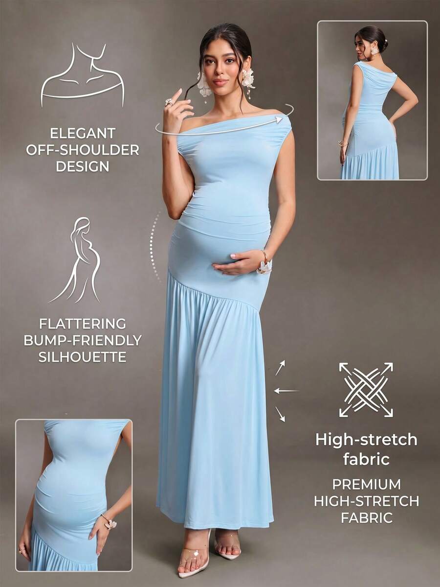 Cheriluna Maternity 輕奢單肩高彈力針織孕婦洋裝,修身抓皺大裙擺孕婦長洋裝,優雅大方的孕婦晚禮服 - 藍色 - 查看 1