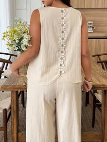 Weeklong Plus Size Women's Spring/Summer Sleeveless Tank Top Set With Studded Back And 3D Floral Decoration - Apricot - View 2