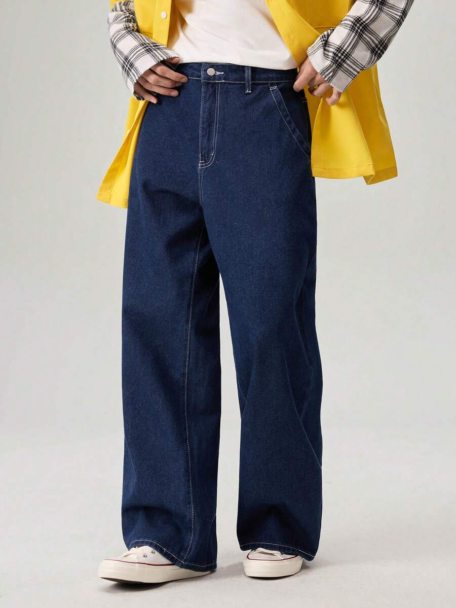 Men's Casual Everyday Letter Print Loose Wide-Leg Jeans - Medium Wash - View 1