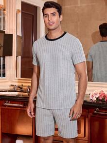 CoupledUp Men's Casual Knit Textured Colorblock Short Sleeve & Shorts Loungewear Set - Grey - View 4