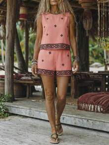 EMERY ROSE Graphic Print Round Neck Tank Top And Shorts Casual Vacation 2 Pieces Set - Pink - View 1