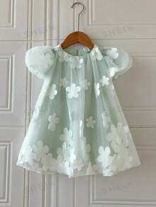 SHEIN Glamorique Kids 女嬰公主洋裝，3D花朵，泡泡袖，綠色薄紗洋裝，生日派對，婚禮節日禮服，舞會洋裝，畢業洋裝，夏季洋裝 - 綠色 - 查看 10