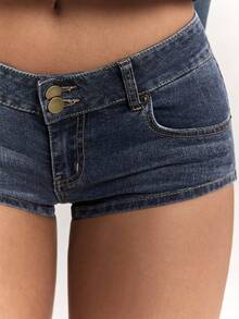 SHEIN BAE شورتات جينز نسائية مثيرة بخصر ضيق وتصميم أزرار وجيوب، ملابس عطلة - أزرق متوسط - مشاهدة 7